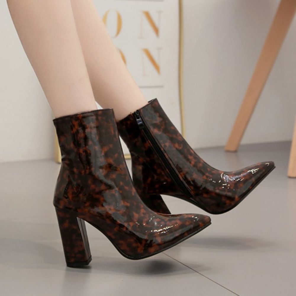 Chunky Heel Puntige Teen Enkellaarsjes Met Kleurblokken