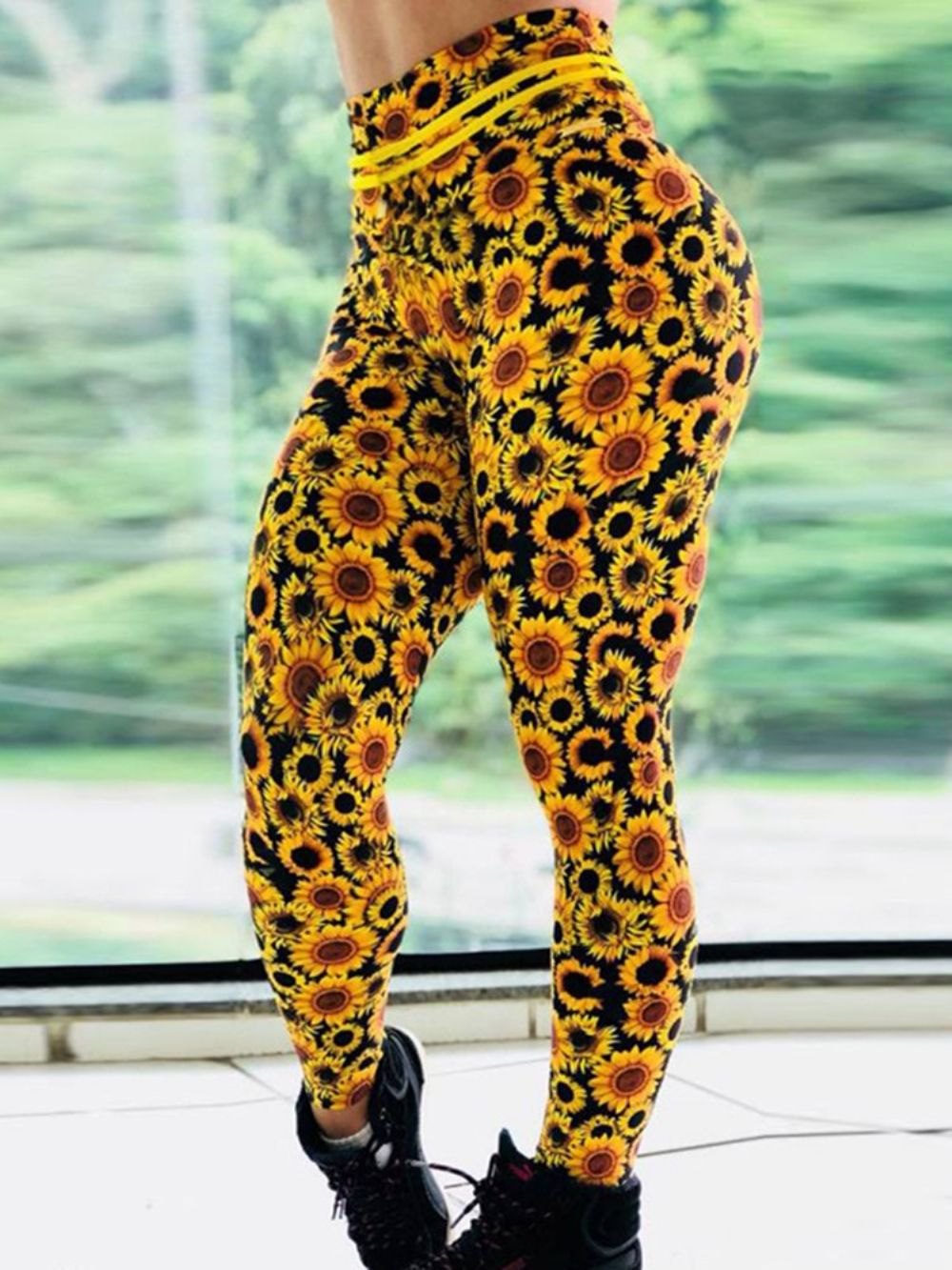 Ademende Push-Up Gym Sport Yoga Broek Met Zonnebloem Print Tiktok Legging Met Hoge Taille