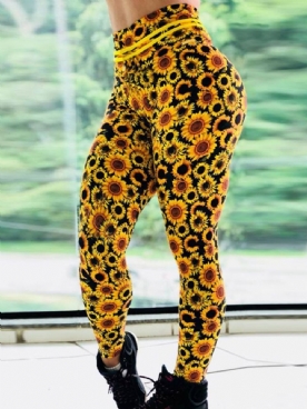 Ademende Push-Up Gym Sport Yoga Broek Met Zonnebloem Print Tiktok Legging Met Hoge Taille