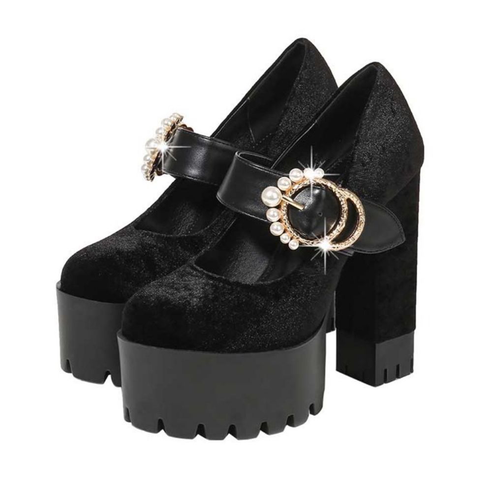 Faux Suede Kralen Chunky Heel Ronde Neus Dames Galaschoenen