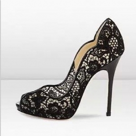 Sexy Zwarte Kanten Hoge Naaldhakken Peep-Toe Galaschoenen Dames