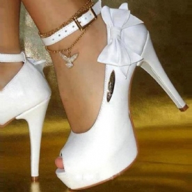 Witte Pu Peep Toe Bowtie Hoge Hak Galaschoenen