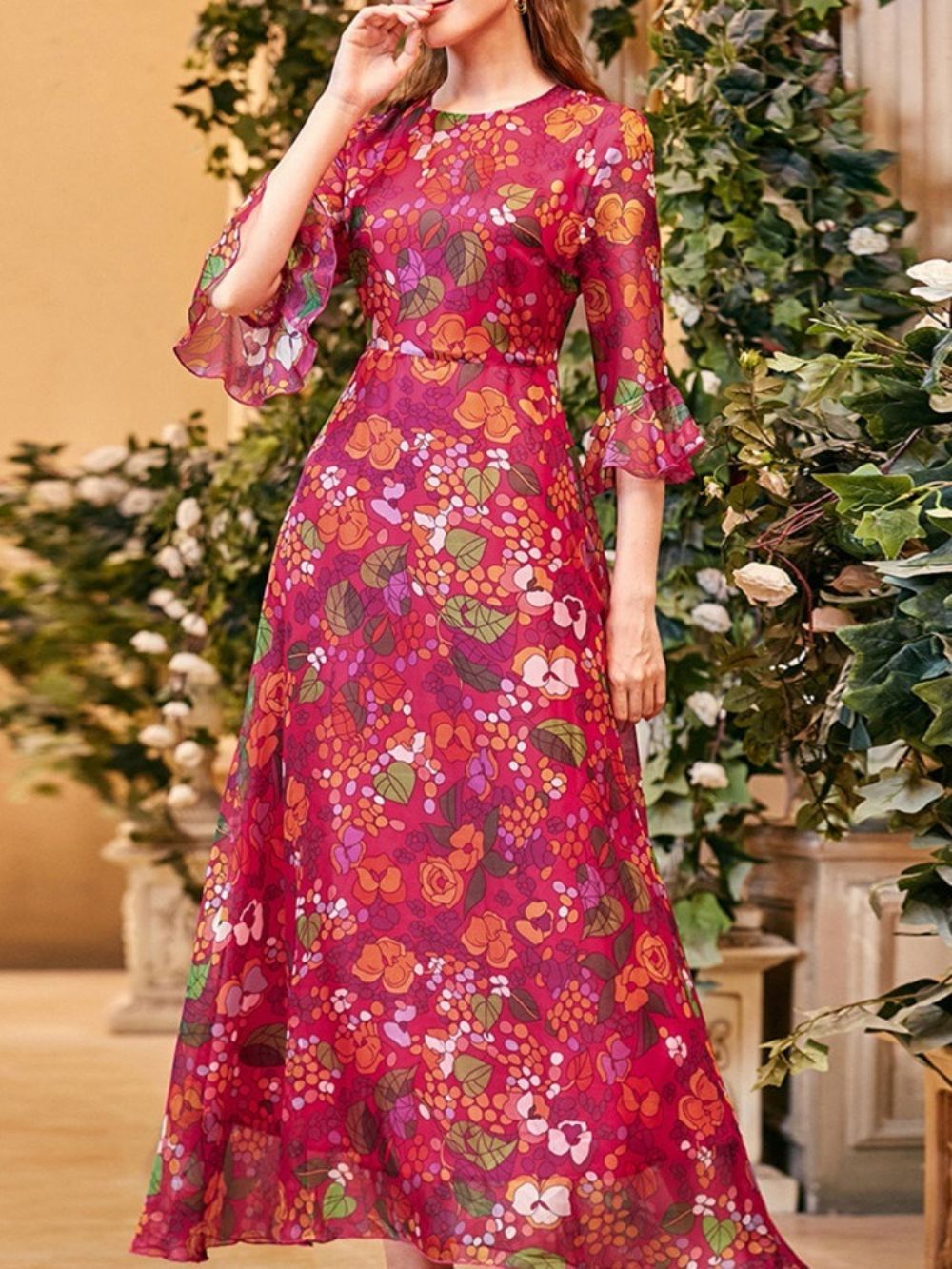 Driekwart Mouw Enkellange Bloemen Lente Maxi-Jurk Met Print