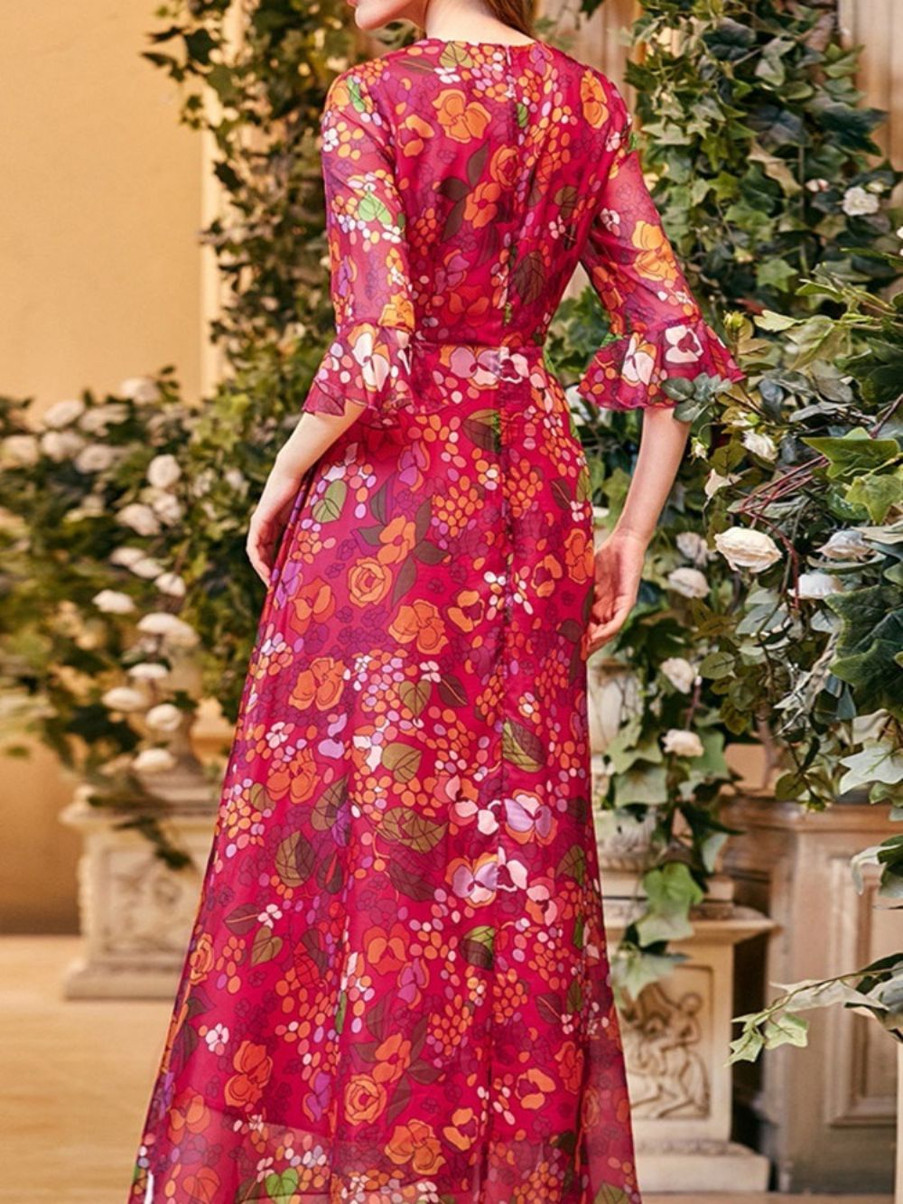 Driekwart Mouw Enkellange Bloemen Lente Maxi-Jurk Met Print