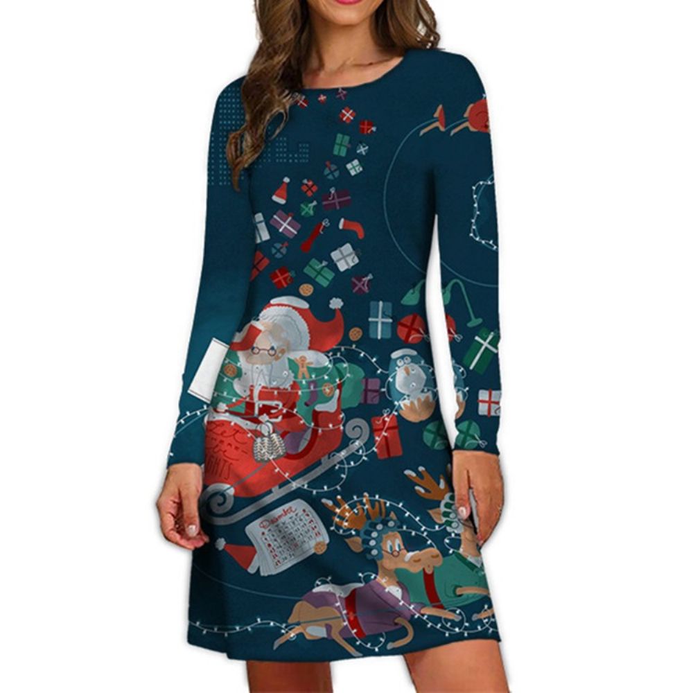 Kerst Boven De Knie Print Ronde Hals Winter Cartoon Casual Jurk