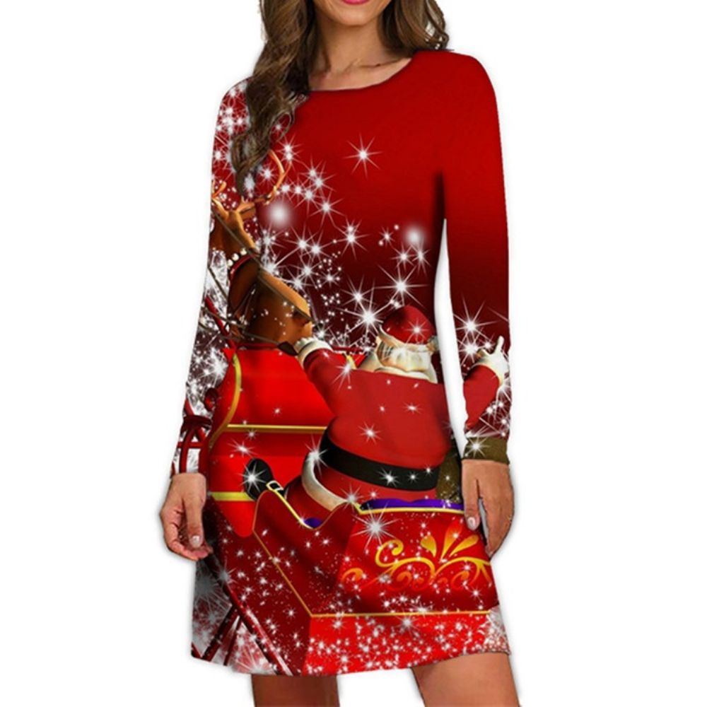 Kerst Boven De Knie Print Ronde Hals Winter Cartoon Casual Jurk