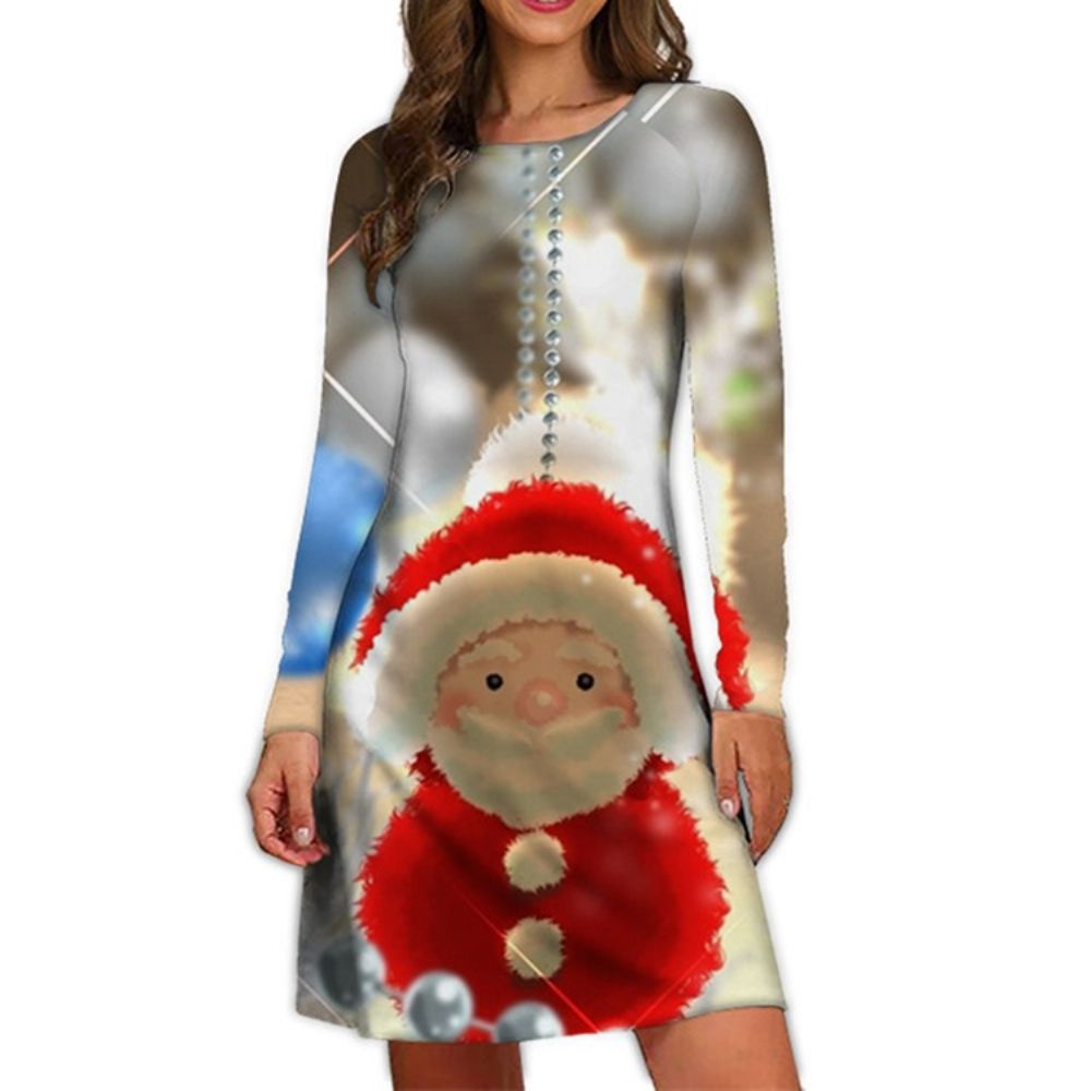 Kerst Boven De Knie Print Ronde Hals Winter Cartoon Casual Jurk