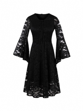 Lace Hollow Flare Sleeve A Line Little Black Dress