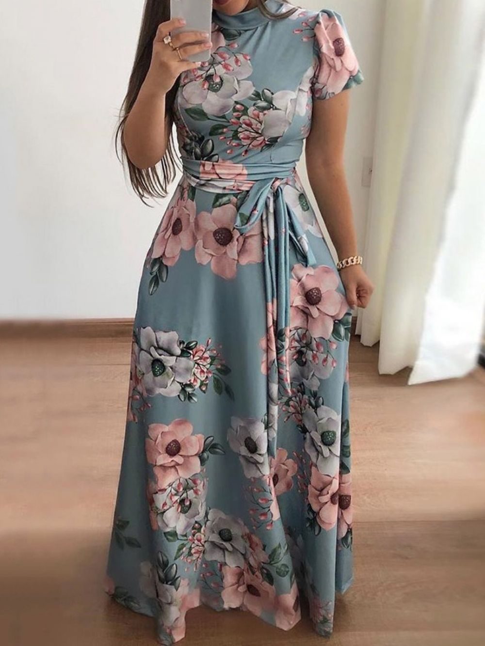 Maxi-Jurk Met Korte Mouwen En Print Tot Op De Grond Mode Bloemen