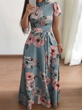 Maxi-Jurk Met Korte Mouwen En Print Tot Op De Grond Mode Bloemen