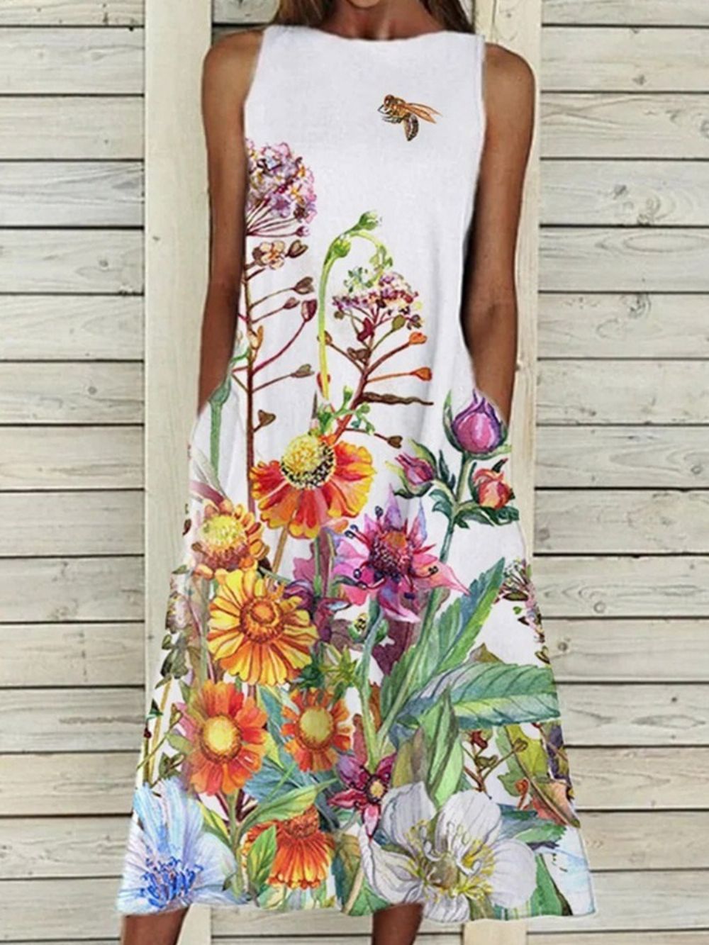 Mouwloze Midi-Jurk Tot Halverwege De Kuit Met Bloemenprint Grote Maat