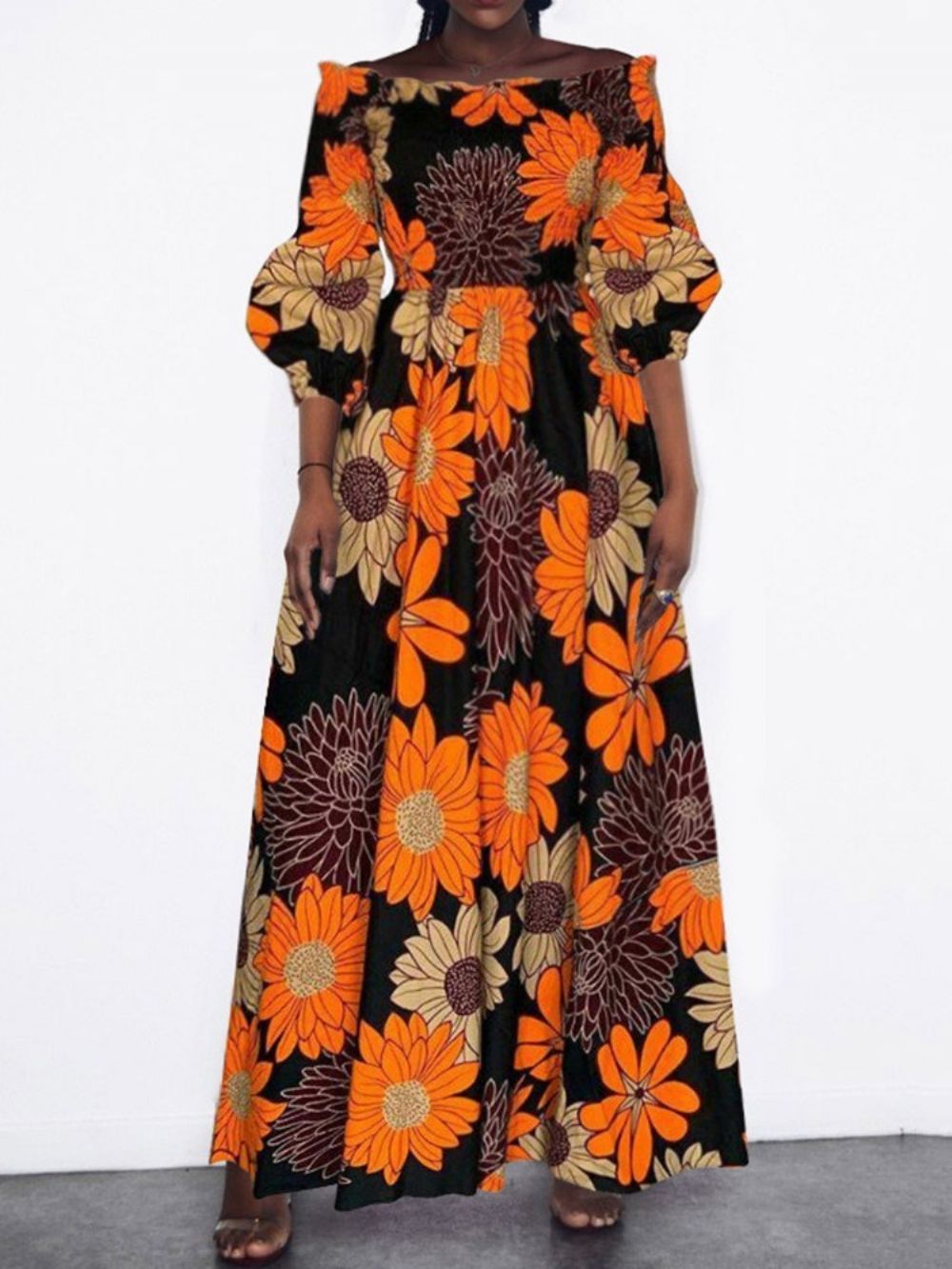 Off-Shoulder Patchwork Western Maxi-Jurk Met Driekwart Mouwen