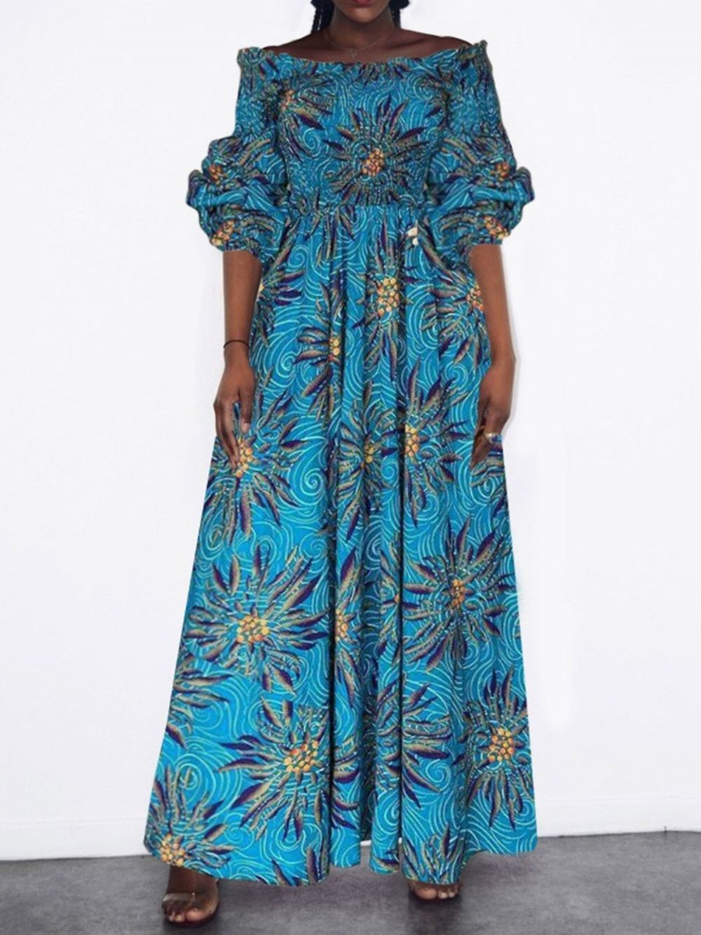 Off-Shoulder Patchwork Western Maxi-Jurk Met Driekwart Mouwen