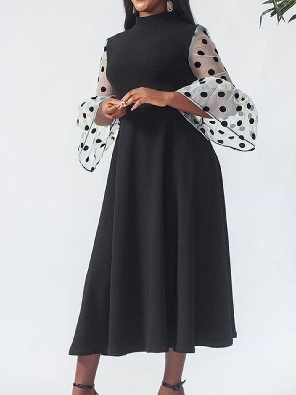 Opstaande Kraag Doorschijnende Negen Punten Mouw Pullover Polka Dots Maxi Zwarte Jurk