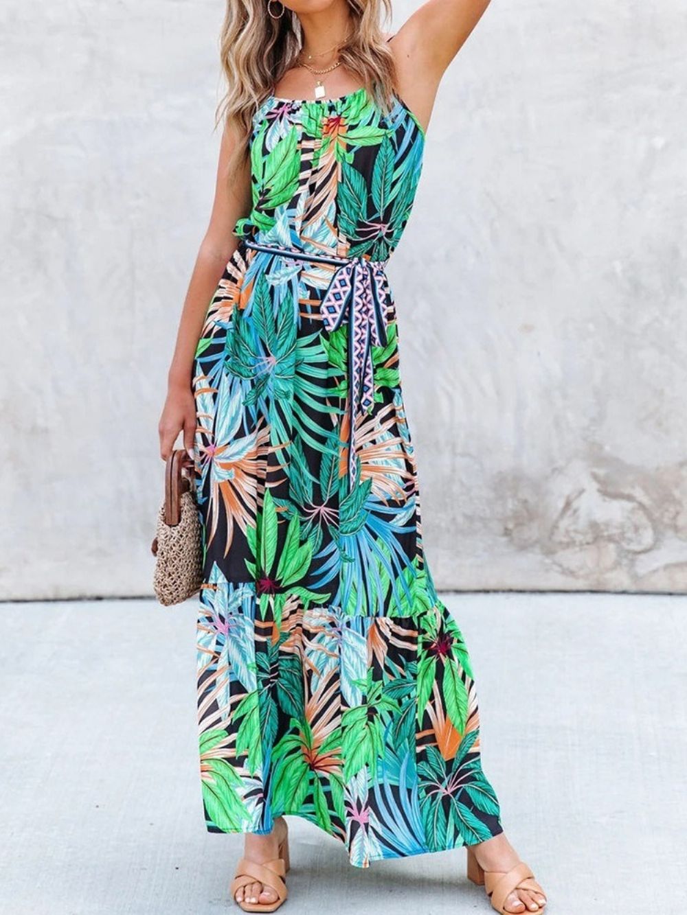 Print Mouwloos Enkellange Plant Mode Bloemen Maxi Jurk Strandjurken Dames