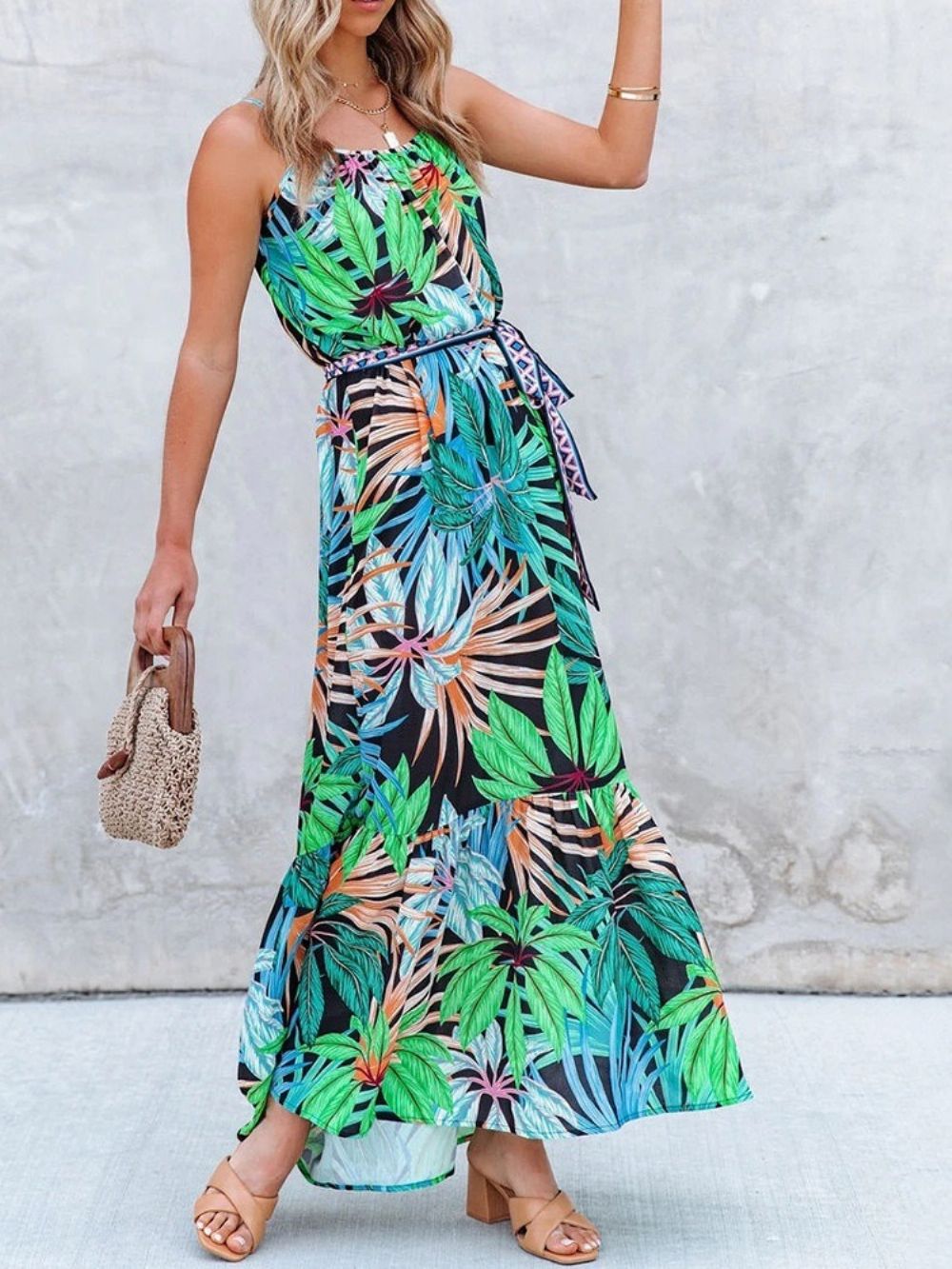 Print Mouwloos Enkellange Plant Mode Bloemen Maxi Jurk Strandjurken Dames