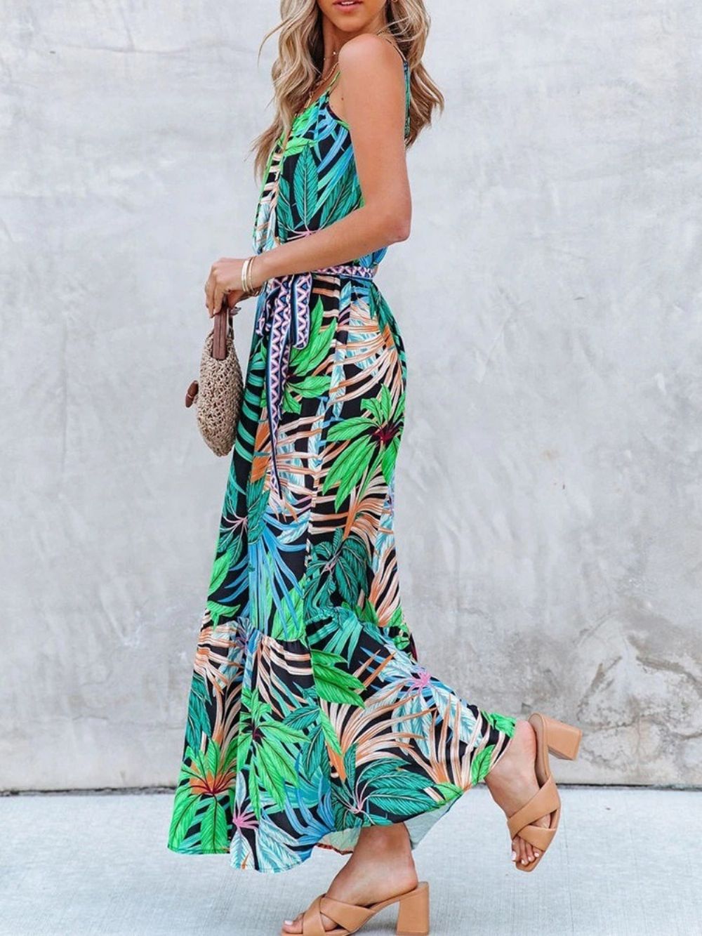 Print Mouwloos Enkellange Plant Mode Bloemen Maxi Jurk Strandjurken Dames