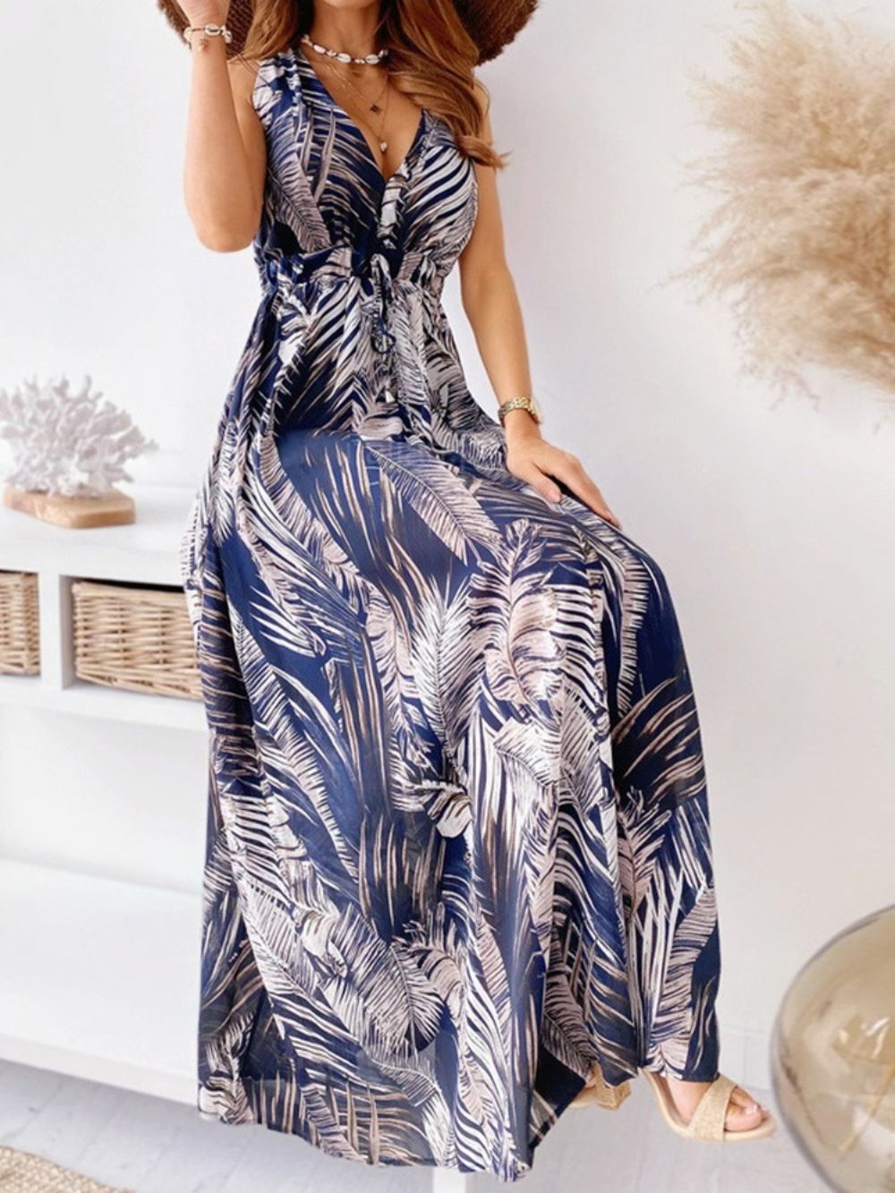 Print Vloerlengte V-Hals Bloemen Maxi-Jurk Strandjurken Dames