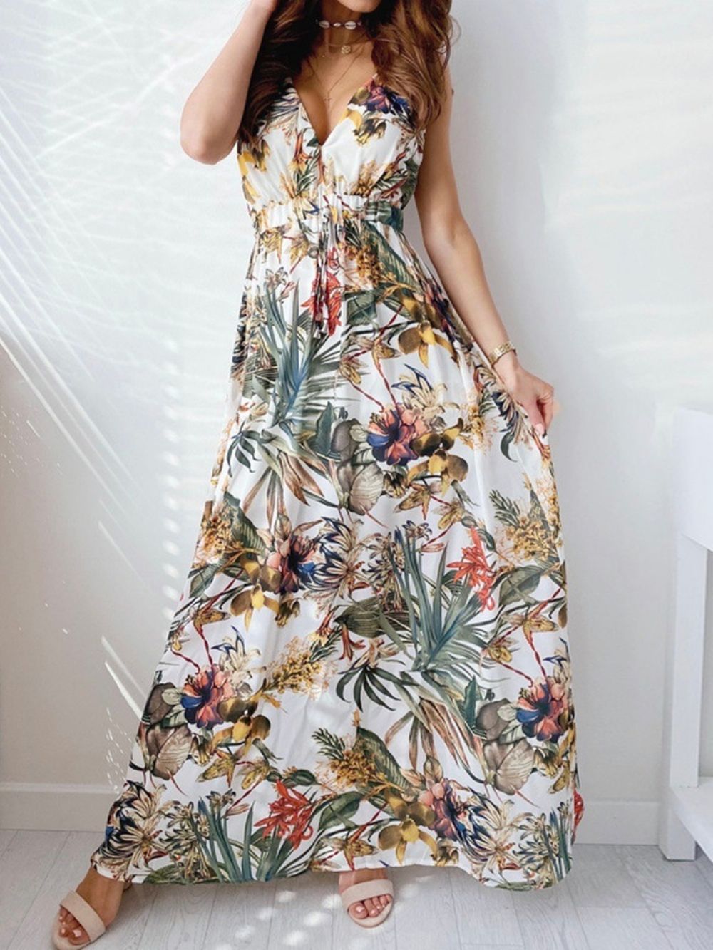 Print Vloerlengte V-Hals Bloemen Maxi-Jurk Strandjurken Dames