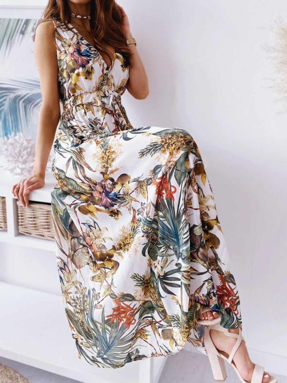 Print Vloerlengte V-Hals Bloemen Maxi-Jurk Strandjurken Dames