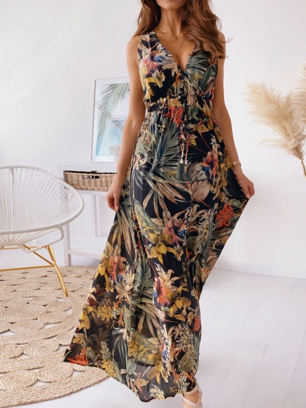 Print Vloerlengte V-Hals Bloemen Maxi-Jurk Strandjurken Dames