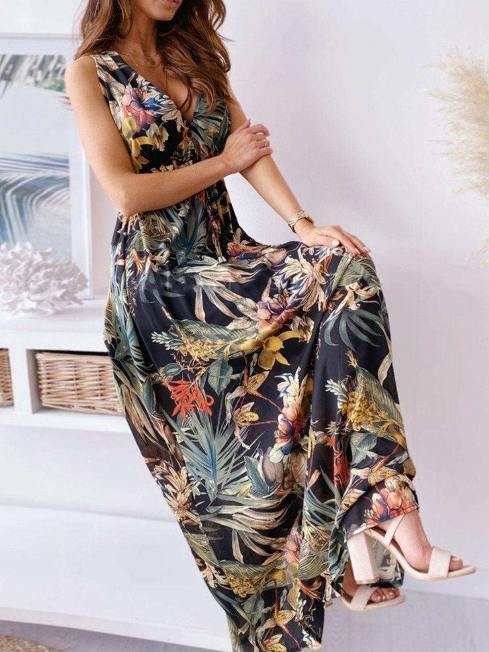 Print Vloerlengte V-Hals Bloemen Maxi-Jurk Strandjurken Dames