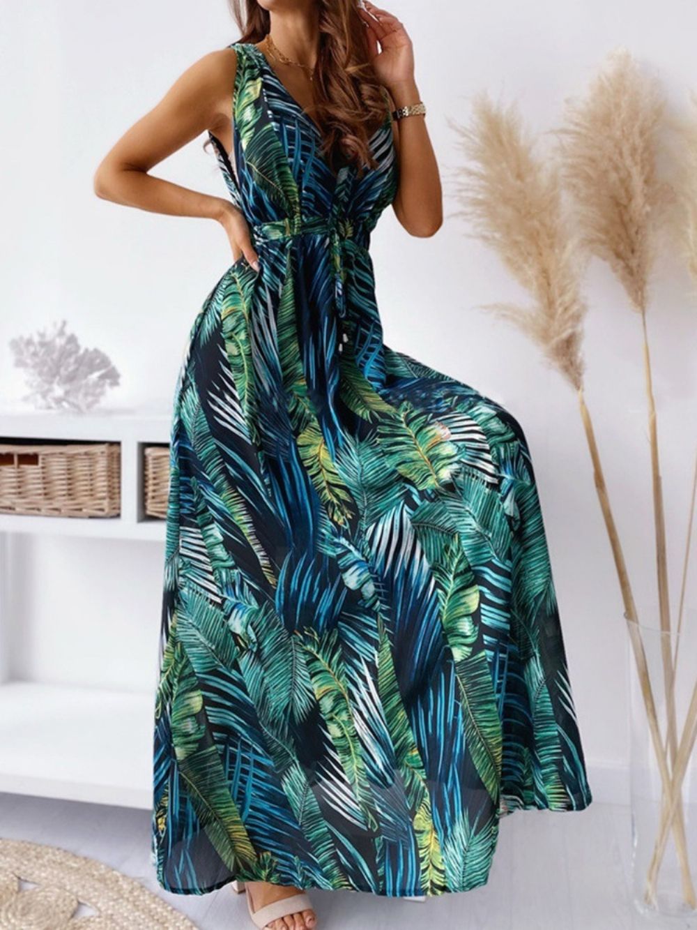 Print Vloerlengte V-Hals Bloemen Maxi-Jurk Strandjurken Dames