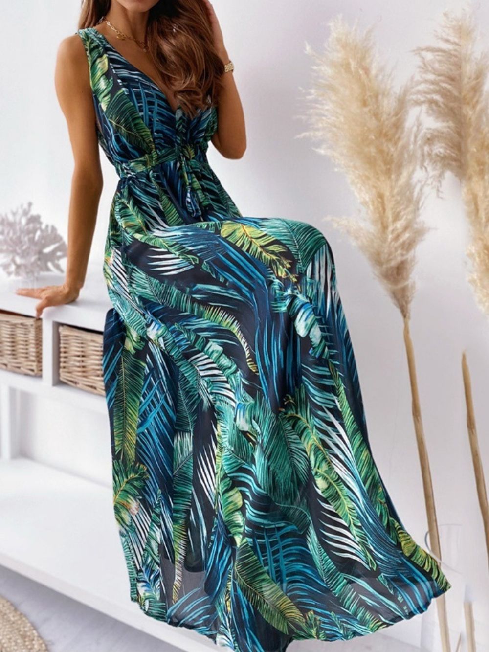 Print Vloerlengte V-Hals Bloemen Maxi-Jurk Strandjurken Dames