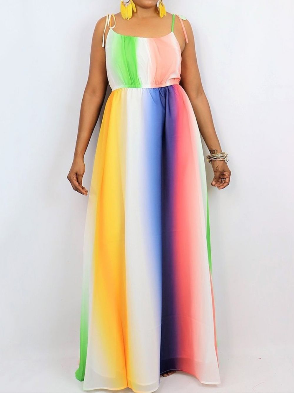 Tie-Dye Tot De Grond Lange Mouwloze Maxi-Jurk Met Kleurblokken