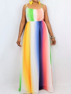 Tie-Dye Tot De Grond Lange Mouwloze Maxi-Jurk Met Kleurblokken