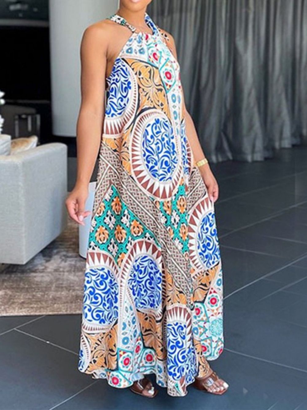 Vloer Lengte Patchwork Mouwloze Geometrische Maxi-Jurk