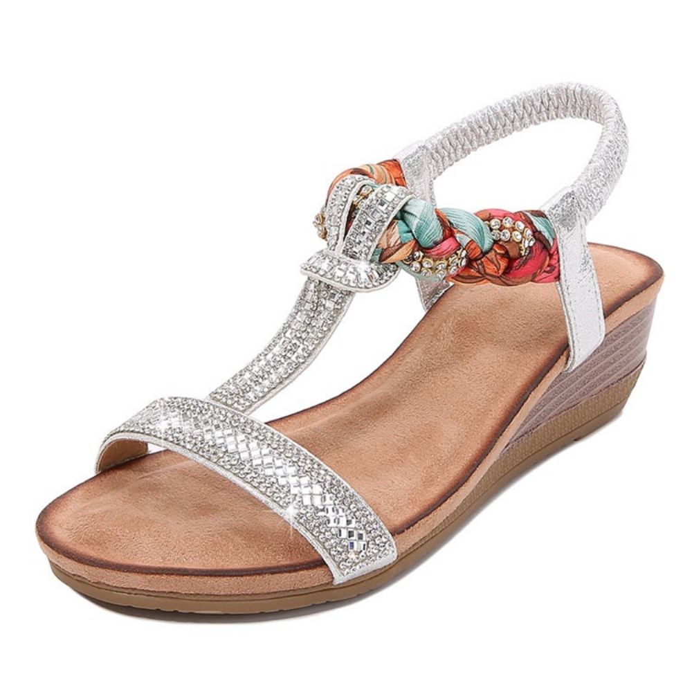 Elastische Band Sleehak Open Teen Strass Sandalen