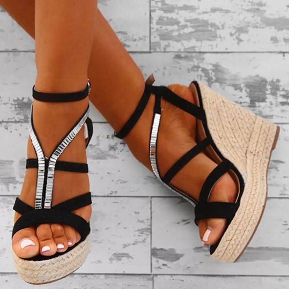 Espadrille Sandalen Met Sleehak En Strass Geweven Plateau En Bandjes