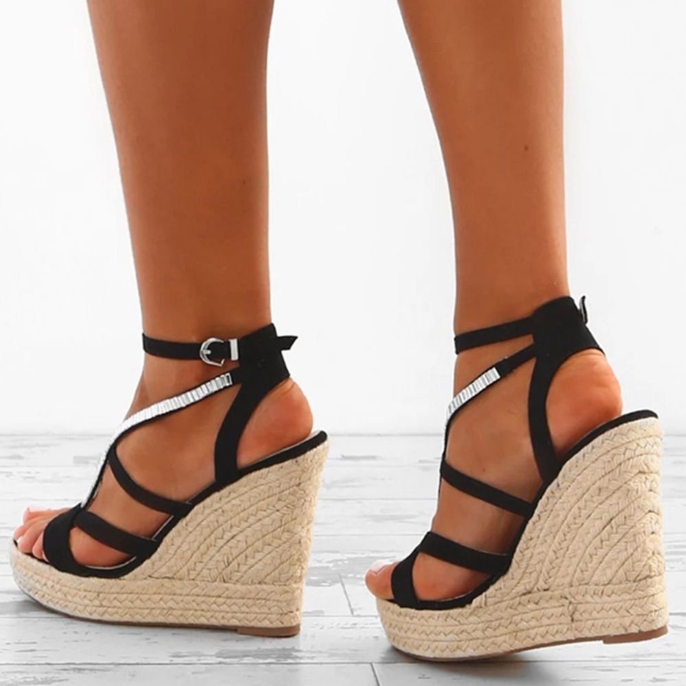 Espadrille Sandalen Met Sleehak En Strass Geweven Plateau En Bandjes