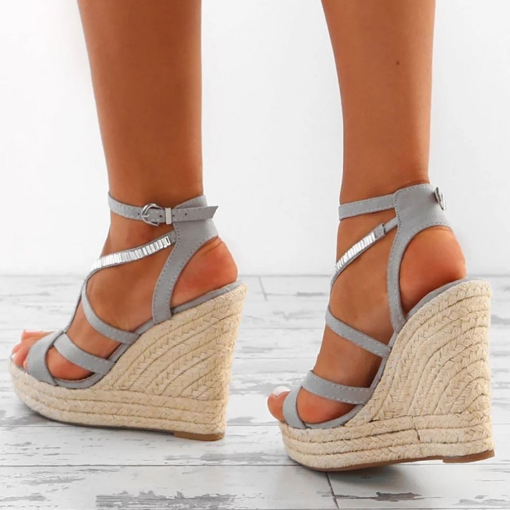 Espadrille Sandalen Met Sleehak En Strass Geweven Plateau En Bandjes