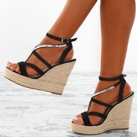 Espadrille Sandalen Met Sleehak En Strass Geweven Plateau En Bandjes