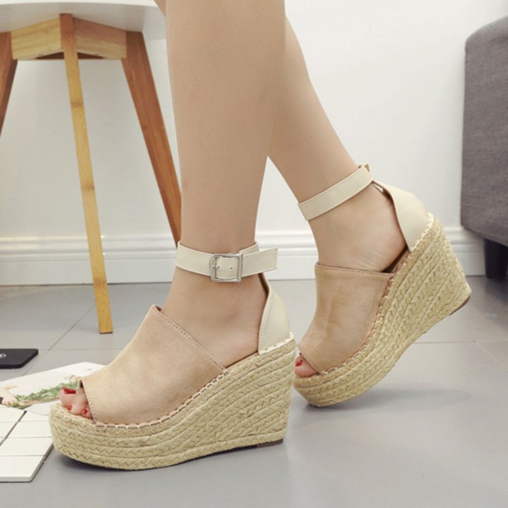 Gesp Peep Toe Platform Espadrille Wedge Sandalen