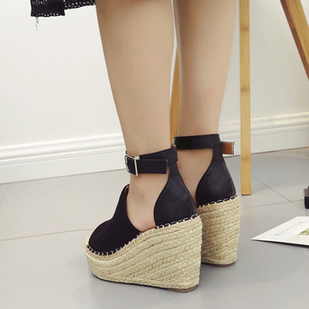 Gesp Peep Toe Platform Espadrille Wedge Sandalen