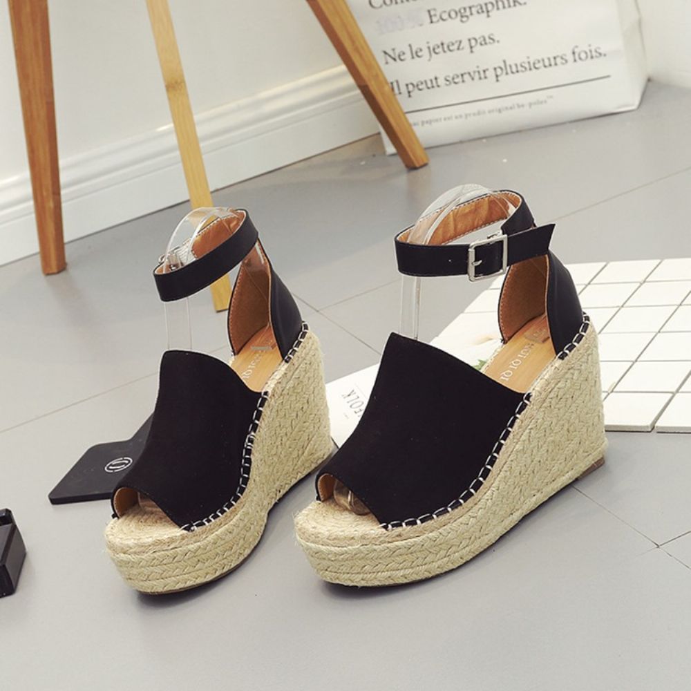 Gesp Peep Toe Platform Espadrille Wedge Sandalen