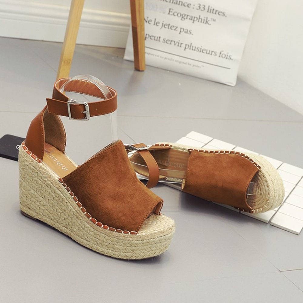 Gesp Peep Toe Platform Espadrille Wedge Sandalen