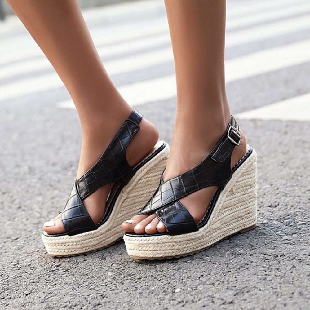 Gesp Wedge Heel Open Teen Effen Plateau Sandalen