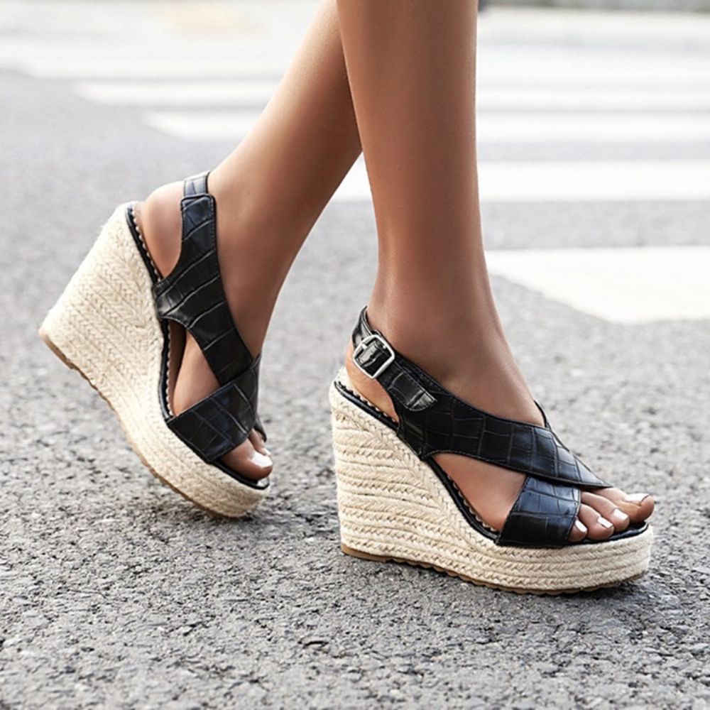 Gesp Wedge Heel Open Teen Effen Plateau Sandalen