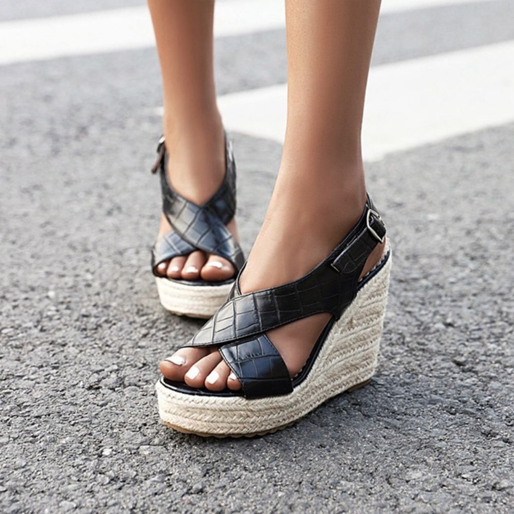 Gesp Wedge Heel Open Teen Effen Plateau Sandalen