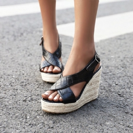 Gesp Wedge Heel Open Teen Effen Plateau Sandalen