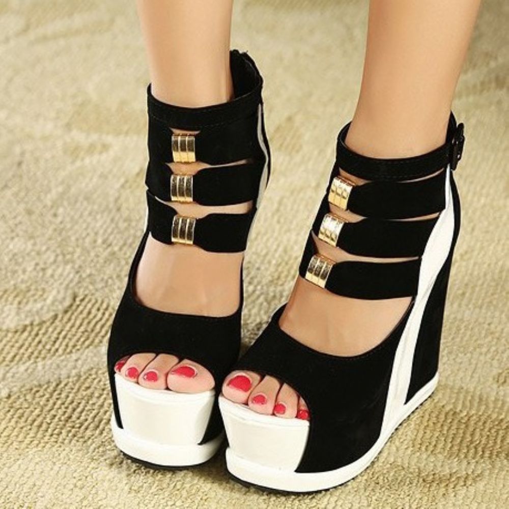 Peep-Toe Wedge Heel Buckle Plateau Sandalen Dames