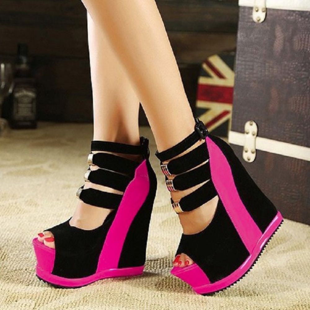 Peep-Toe Wedge Heel Buckle Plateau Sandalen Dames