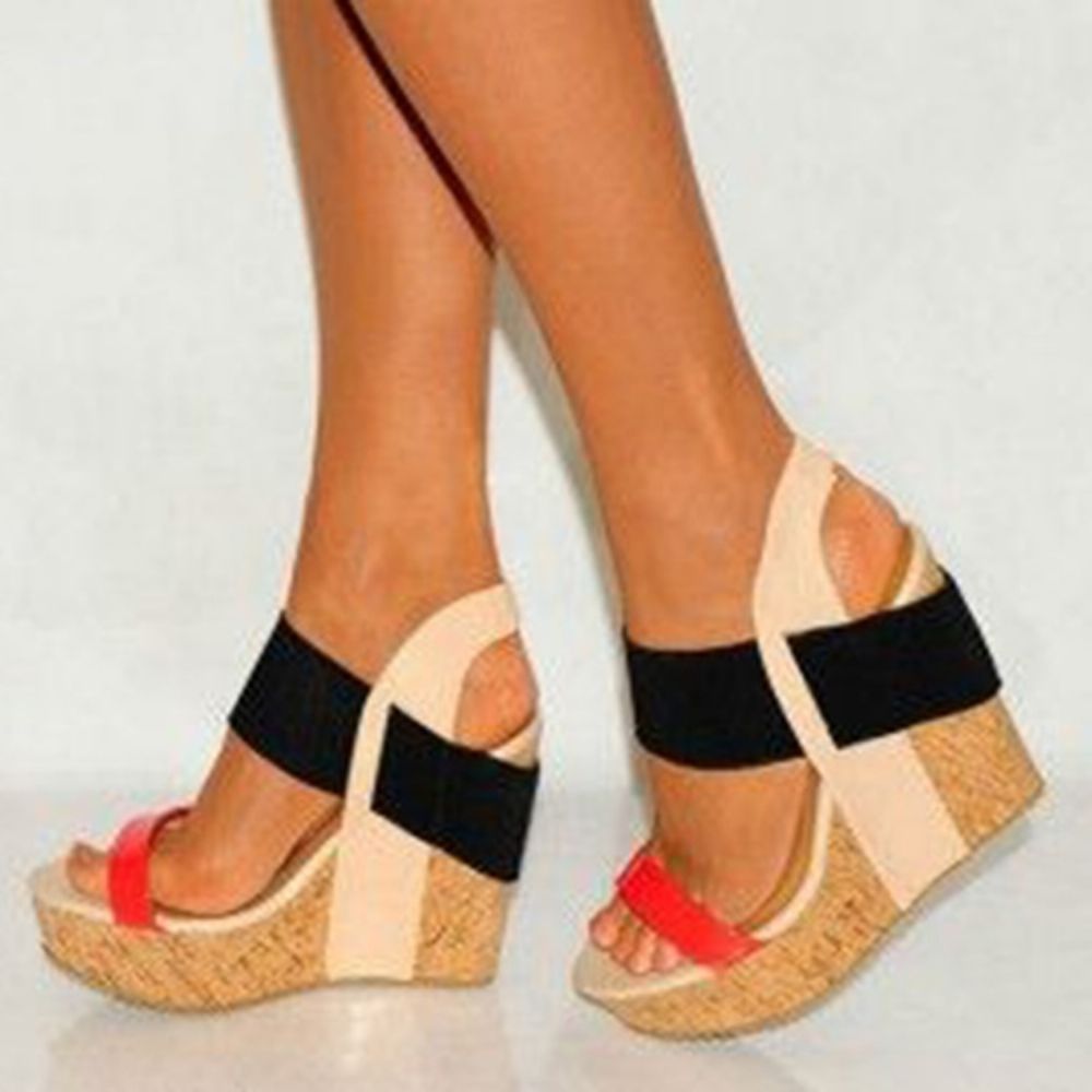 Wedge Sandalen Met Patchwork Houten Hak