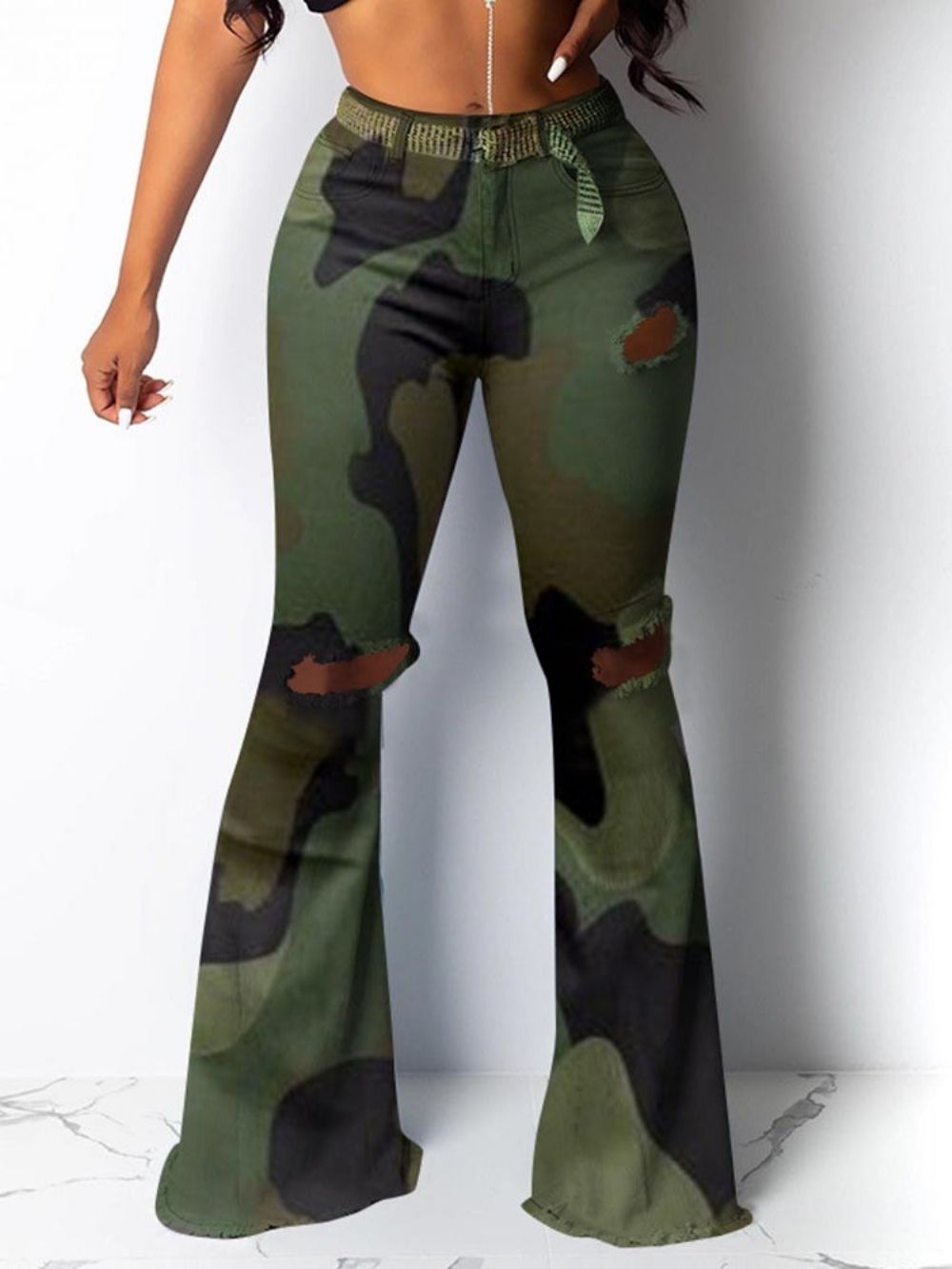 Camouflage Slim Hole Mid Taille Volledige Lengte Damesbroek