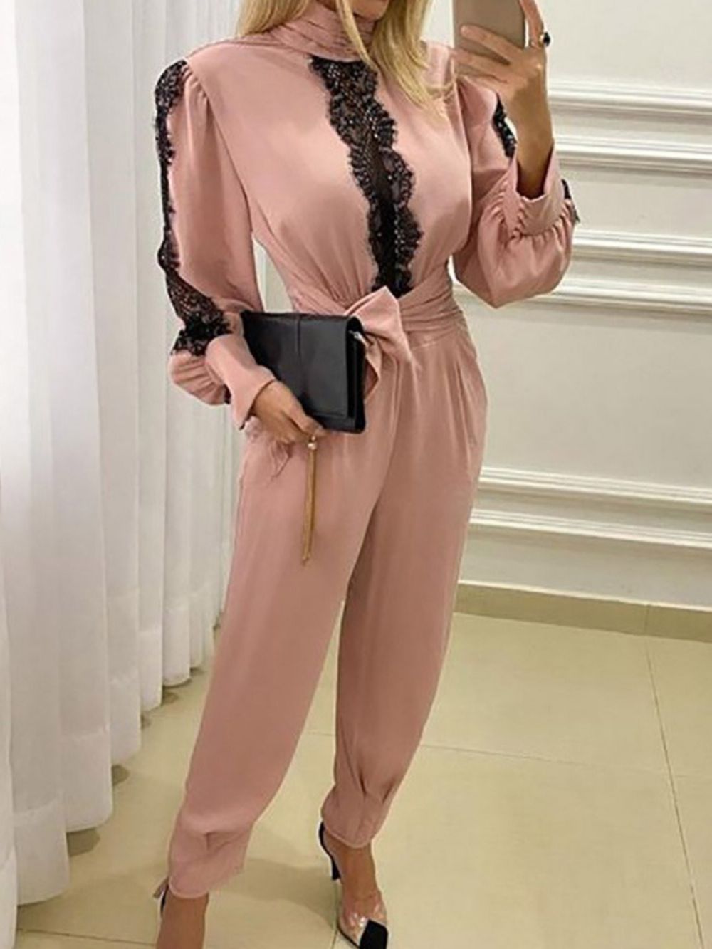 Lace-Up Full Length Color Block Mid Waist Potlood Broek Jumpsuit