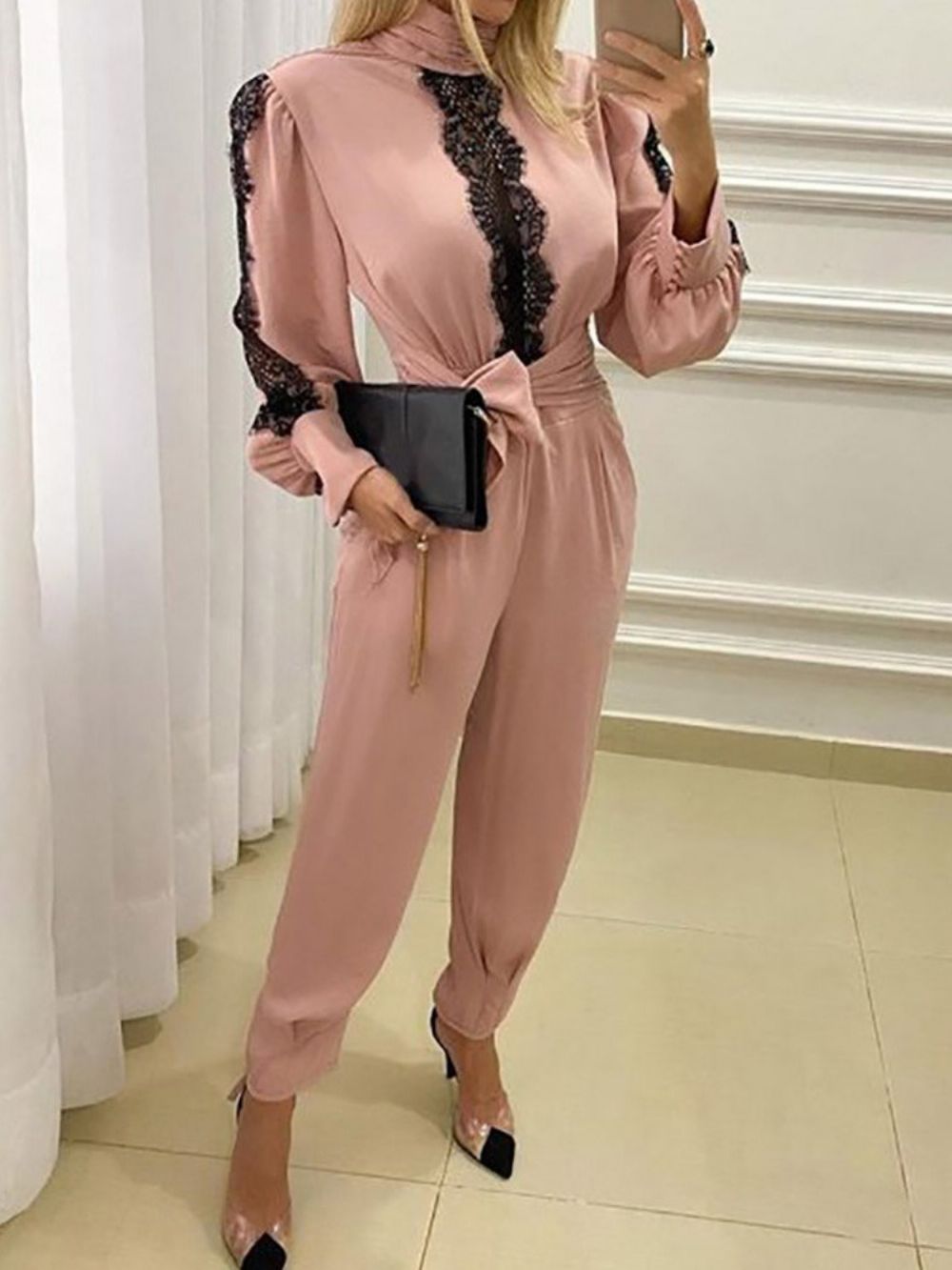 Lace-Up Full Length Color Block Mid Waist Potlood Broek Jumpsuit